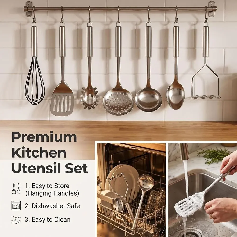 8 Pc Metal Cooking Utensils Set Heat Resistant Dishwasher Safe Kitchen Tools